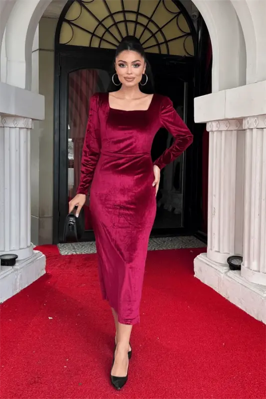Velvet Fabric Square Neck Dress - BURGUNDY - 2