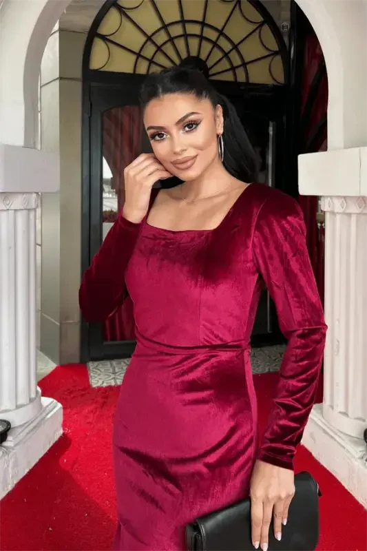 Velvet Fabric Square Neck Dress - BURGUNDY - 3