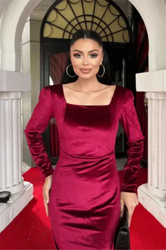 Velvet Fabric Square Neck Dress - BURGUNDY - 4