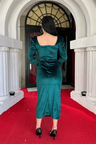 Velvet Fabric Square Neck Dress - EMERALD GREEN - 6
