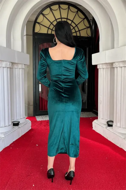 Velvet Fabric Square Neck Dress - EMERALD GREEN - 6