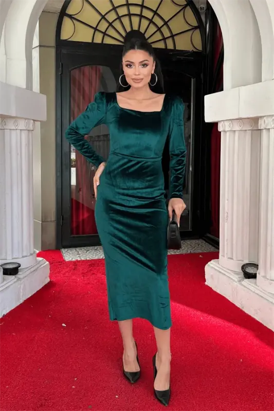 Velvet Fabric Square Neck Dress - EMERALD GREEN - 1