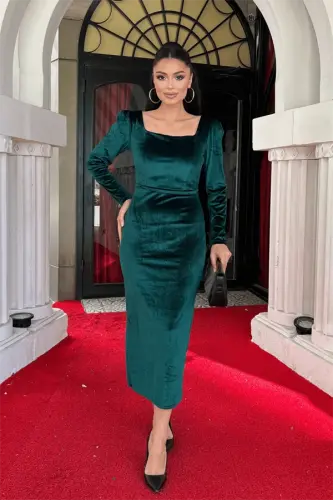 Velvet Fabric Square Neck Dress - EMERALD GREEN - BÜYÜKBEDENIZ (1)