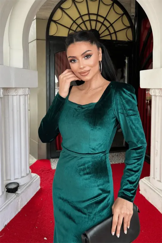 Velvet Fabric Square Neck Dress - EMERALD GREEN - 3