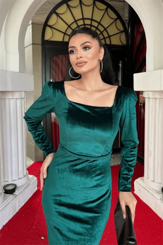Velvet Fabric Square Neck Dress - EMERALD GREEN - 4