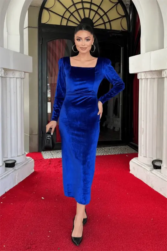 Velvet Fabric Square Neck Dress - SAKS BLUE - BÜYÜKBEDENIZ