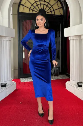 Velvet Fabric Square Neck Dress - SAKS BLUE - BÜYÜKBEDENIZ (1)