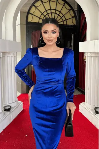 Velvet Fabric Square Neck Dress - SAKS BLUE - 3