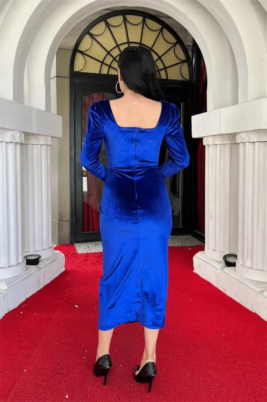 Velvet Fabric Square Neck Dress - SAKS BLUE - 5