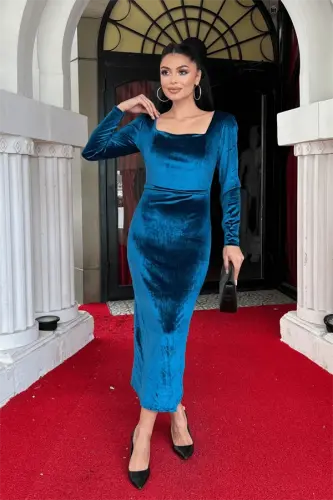 Velvet Fabric Square Neck Dress - TURQUOISE - 1