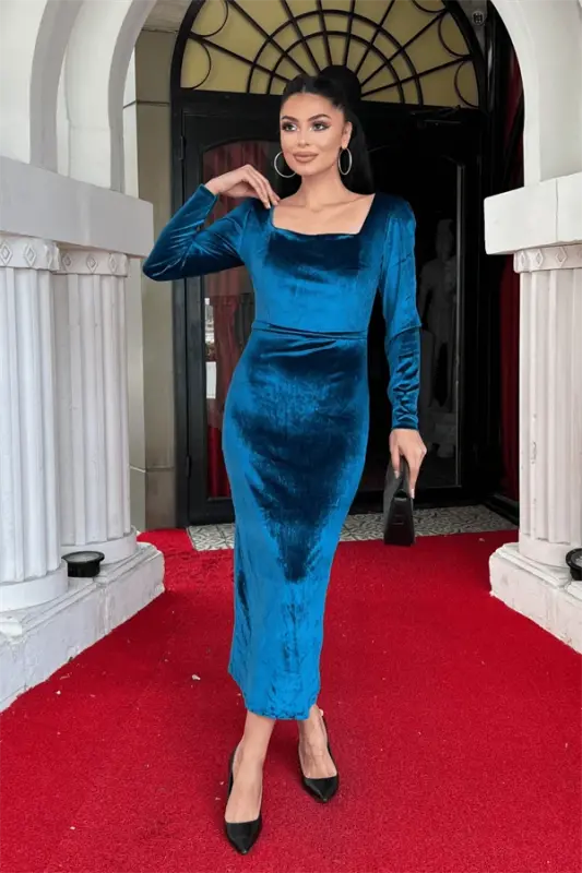 Velvet Fabric Square Neck Dress - TURQUOISE - 1