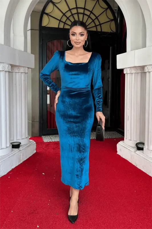 Velvet Fabric Square Neck Dress - TURQUOISE - 2