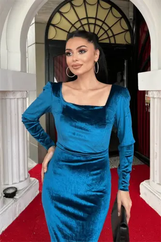 Velvet Fabric Square Neck Dress - TURQUOISE - 4