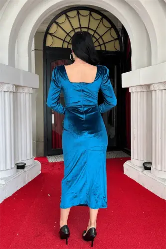 Velvet Fabric Square Neck Dress - TURQUOISE - 5