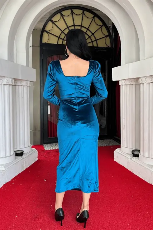 Velvet Fabric Square Neck Dress - TURQUOISE - 5