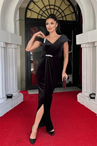 Velvet Fabric Stone Detailed Evening Dress - BLACK - BÜYÜKBEDENIZ (1)