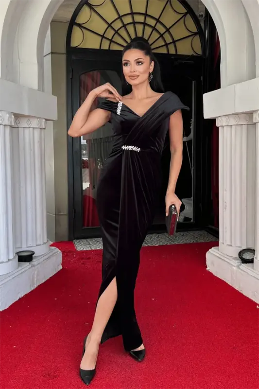 Velvet Fabric Stone Detailed Evening Dress - BLACK - 2