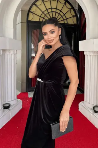 Velvet Fabric Stone Detailed Evening Dress - BLACK - 3