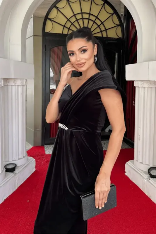 Velvet Fabric Stone Detailed Evening Dress - BLACK - 3