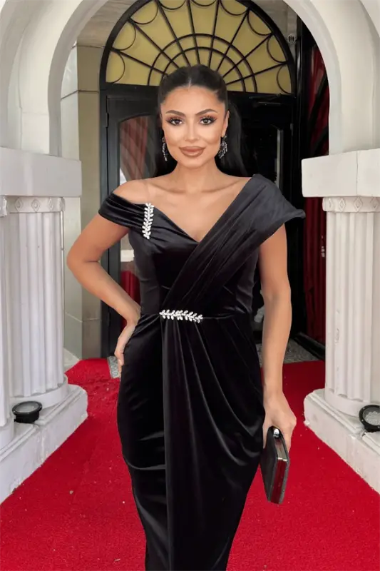 Velvet Fabric Stone Detailed Evening Dress - BLACK - 4