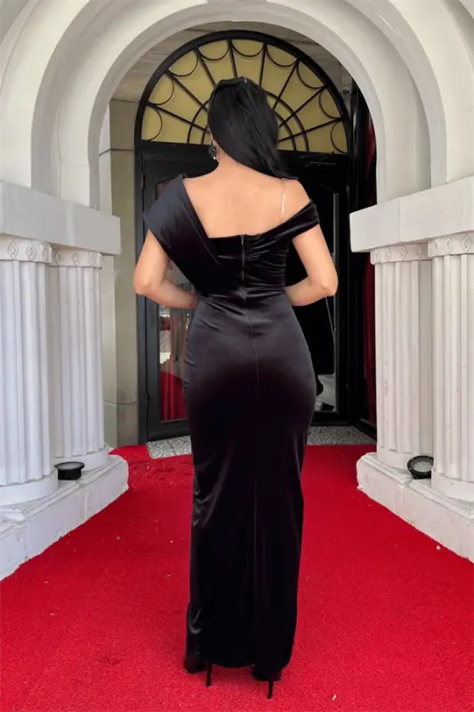 Velvet Fabric Stone Detailed Evening Dress - BLACK - 5
