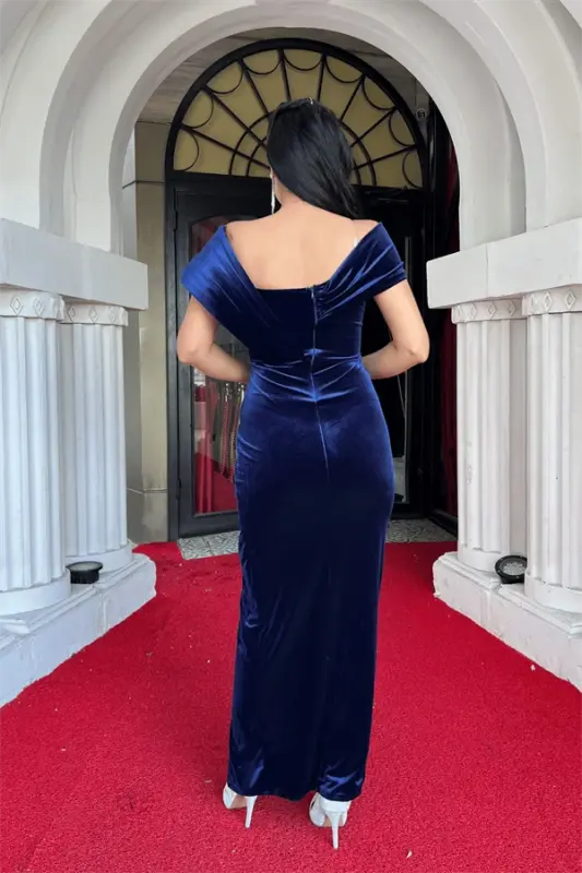 Velvet Fabric Stone Detailed Evening Dress - NAVY BLUE - 5