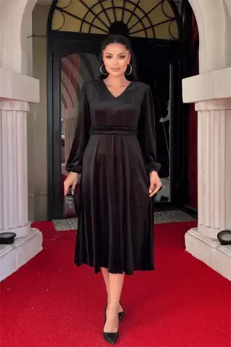 Velvet Fabric V-Neck Midi Dress - BLACK - 1