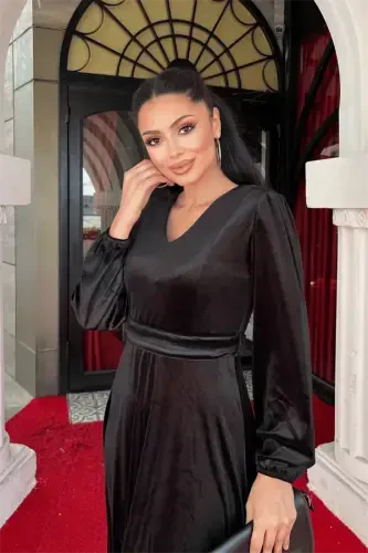 Velvet Fabric V-Neck Midi Dress - BLACK - 3