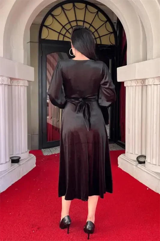 Velvet Fabric V-Neck Midi Dress - BLACK - 5