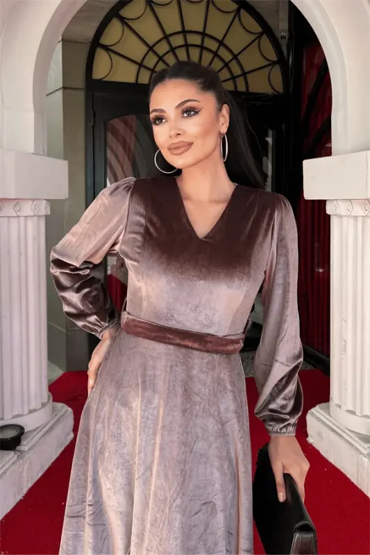 Velvet Fabric V Neck Midi Dress - BROWN - 3
