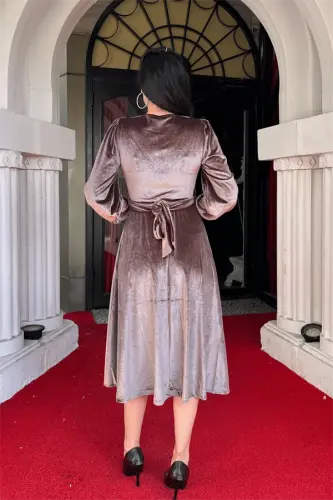 Velvet Fabric V Neck Midi Dress - BROWN - 5