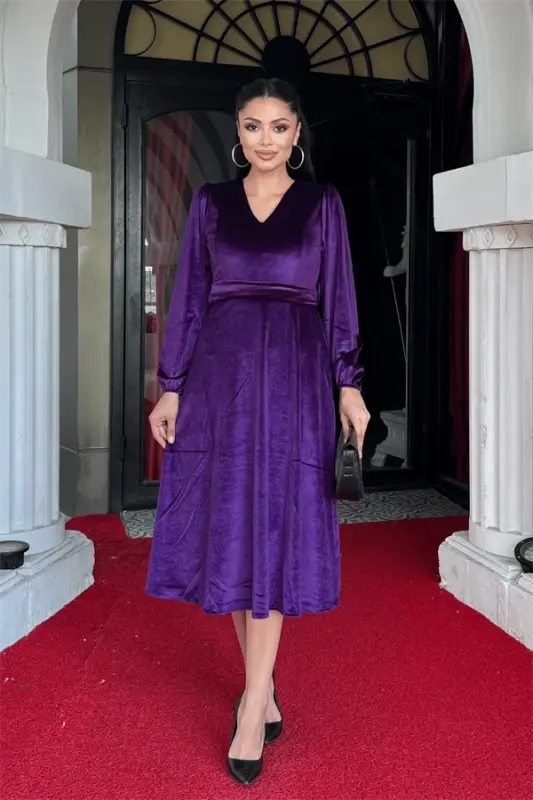 Velvet Fabric V-Neck Midi Dress - EGGPLANT PURPLE - 1