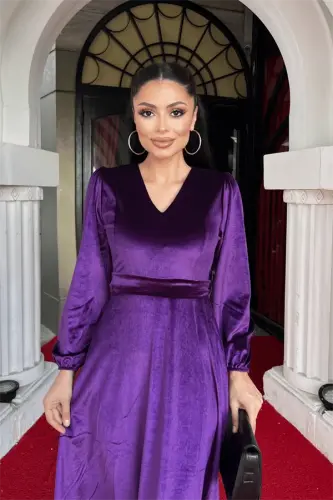 Velvet Fabric V-Neck Midi Dress - EGGPLANT PURPLE - 4