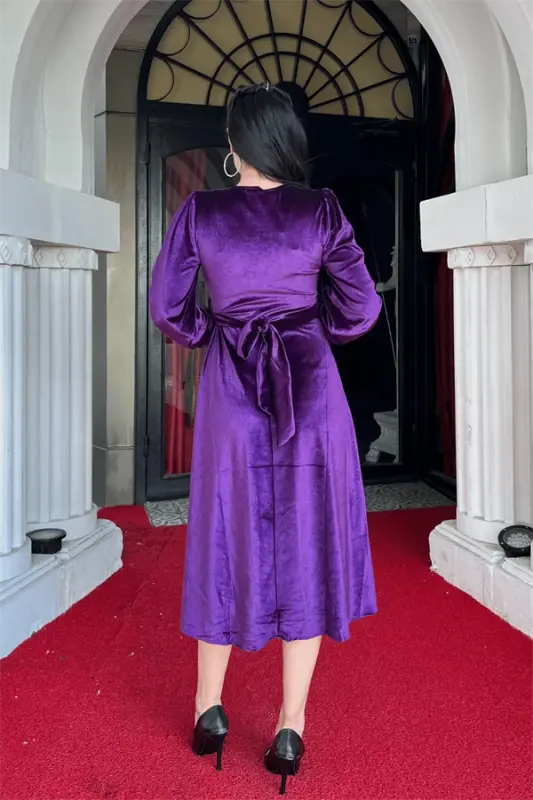 Velvet Fabric V-Neck Midi Dress - EGGPLANT PURPLE - 5