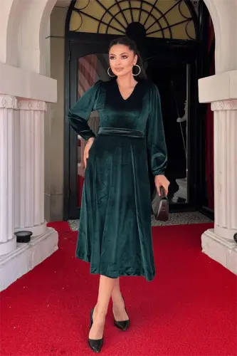 Velvet Fabric V Neck Midi Dress - EMERALD GREEN - BÜYÜKBEDENIZ (1)