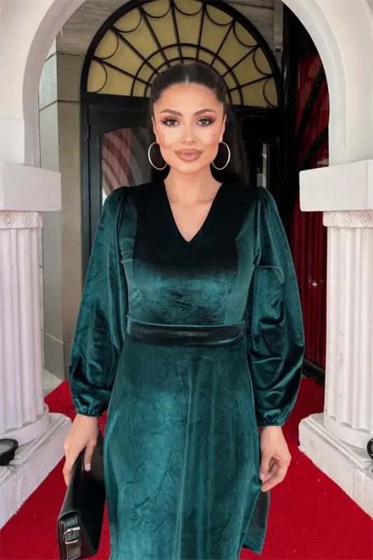 Velvet Fabric V Neck Midi Dress - EMERALD GREEN - 3