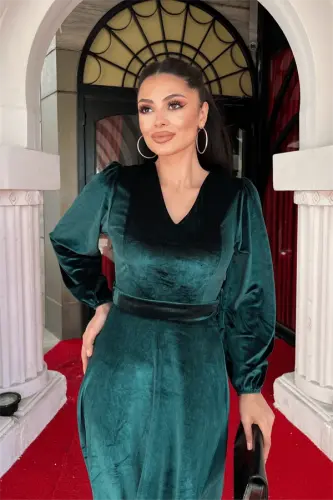 Velvet Fabric V Neck Midi Dress - EMERALD GREEN - 4