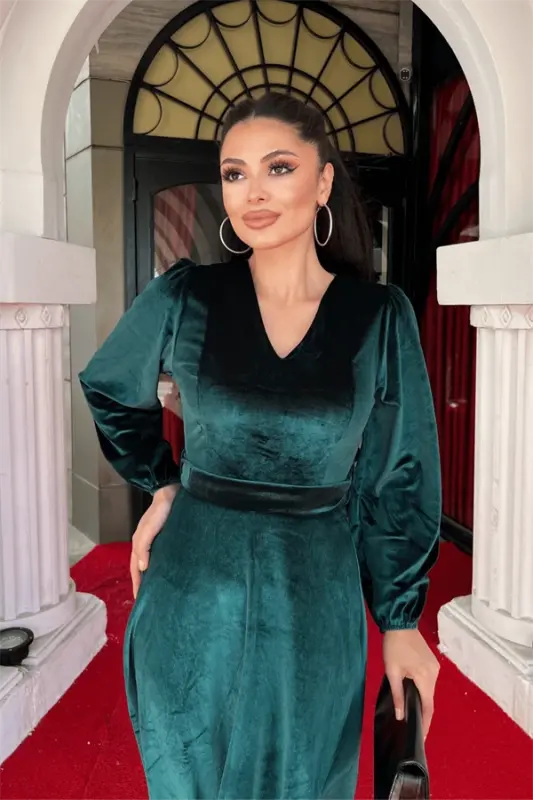 Velvet Fabric V Neck Midi Dress - EMERALD GREEN - 4