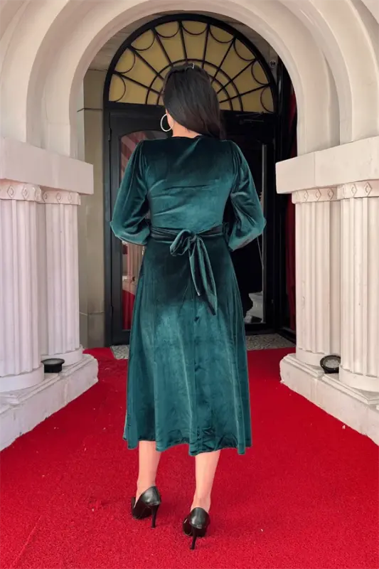 Velvet Fabric V Neck Midi Dress - EMERALD GREEN - 5