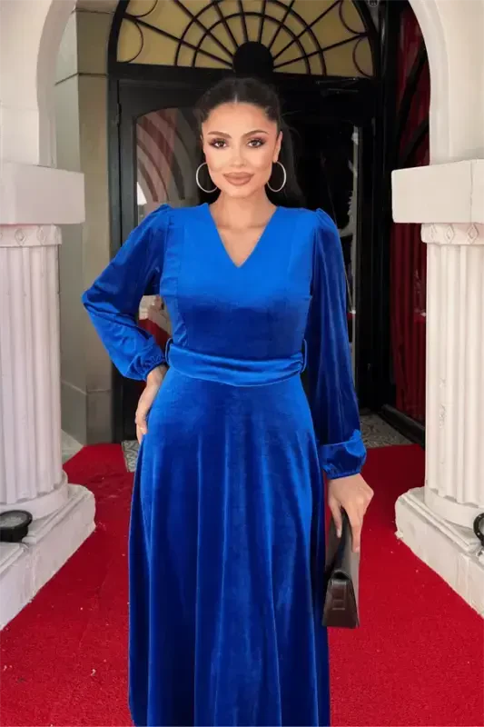 Velvet Fabric V-Neck Midi Dress - SAPPHIRE BLUE - 3