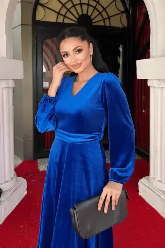 Velvet Fabric V-Neck Midi Dress - SAPPHIRE BLUE - 4