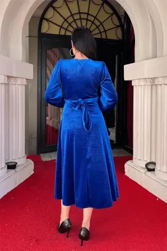 Velvet Fabric V-Neck Midi Dress - SAPPHIRE BLUE - 5