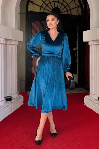 Velvet Fabric V-Neck Midi Dress - TURQUOISE - 1