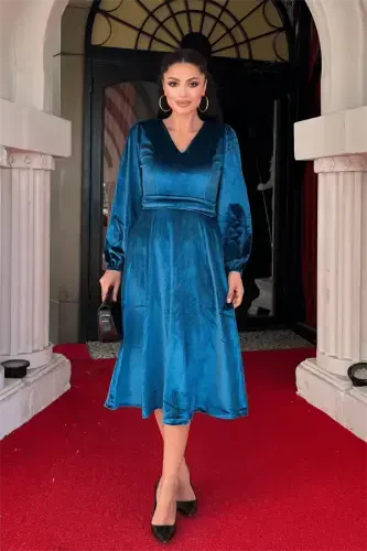 Velvet Fabric V-Neck Midi Dress - TURQUOISE - BÜYÜKBEDENIZ (1)