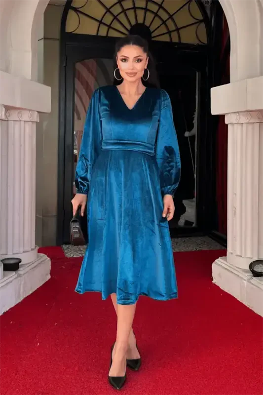 Velvet Fabric V-Neck Midi Dress - TURQUOISE - 2