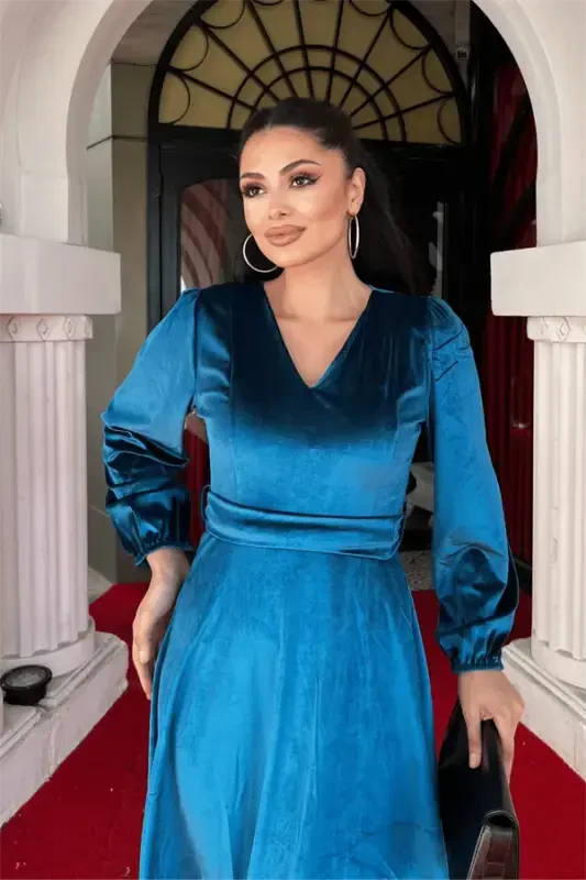Velvet Fabric V-Neck Midi Dress - TURQUOISE - 3