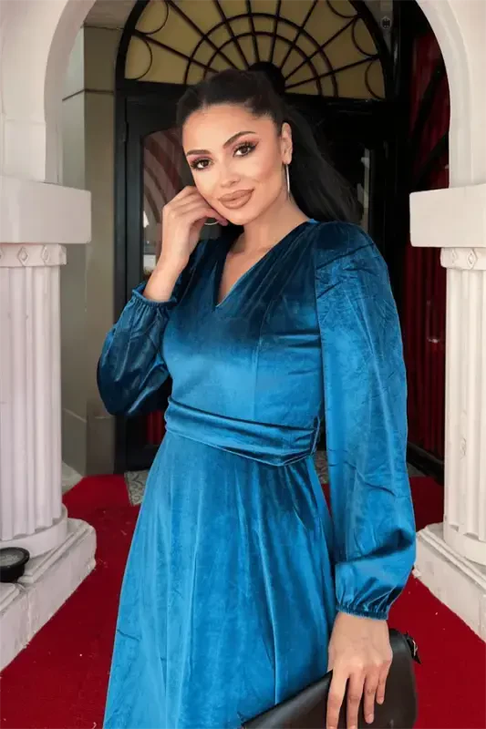 Velvet Fabric V-Neck Midi Dress - TURQUOISE - 4