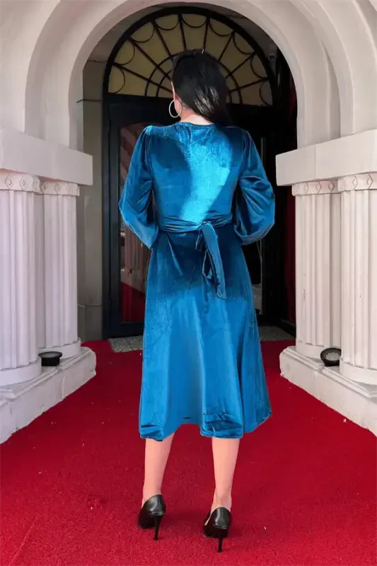 Velvet Fabric V-Neck Midi Dress - TURQUOISE - 5