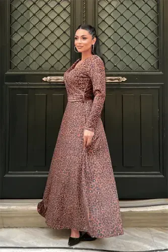 Velvet Leopard Print Dress - LEOPARD - BÜYÜKBEDENIZ (1)