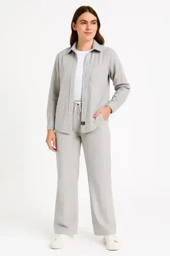 Velvet Oversize Set - Shirt and Pants Two Piece Set Smoke Gray Corduroy Elegance, Comfortable and Elegant Stance Soft Textured Velvet Fabric, Buttoned Shirt Top and Elasticated Pants Bottom Piece for All Day Comfort - Gray - 1